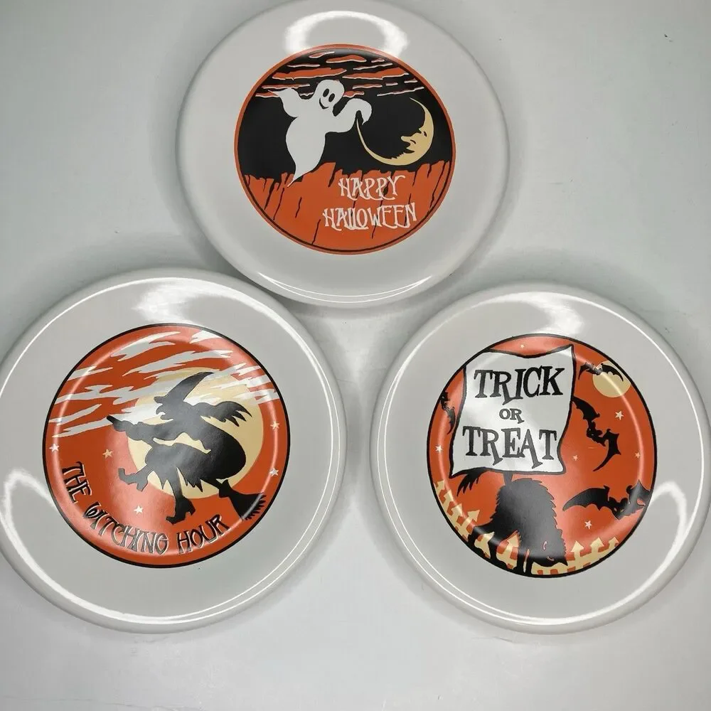 Pottery Barn Halloween Plates Retro Black Cat Witch Ghost 8” Set Of 3